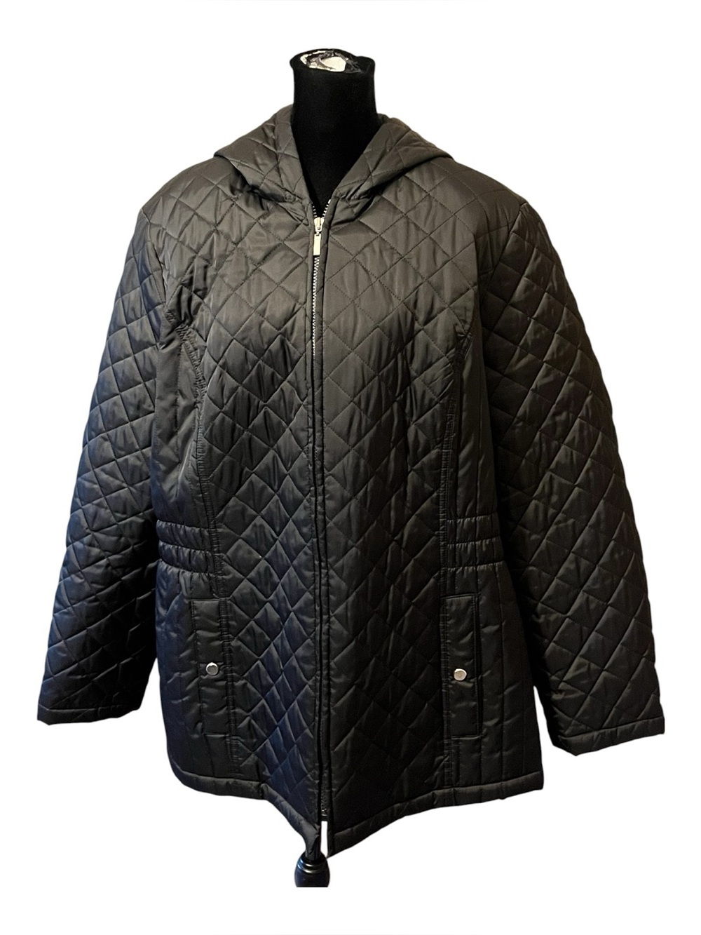 Braetan Womens Black Quilted Hooded Jacket Full Zip Diamond Stitch Coat 1X